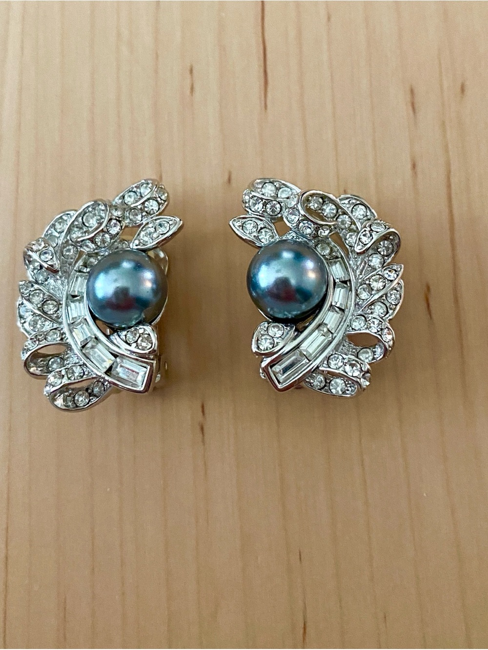 Nolan Miller Estate earrings: gray faux pearl & clear rhinestones, original box